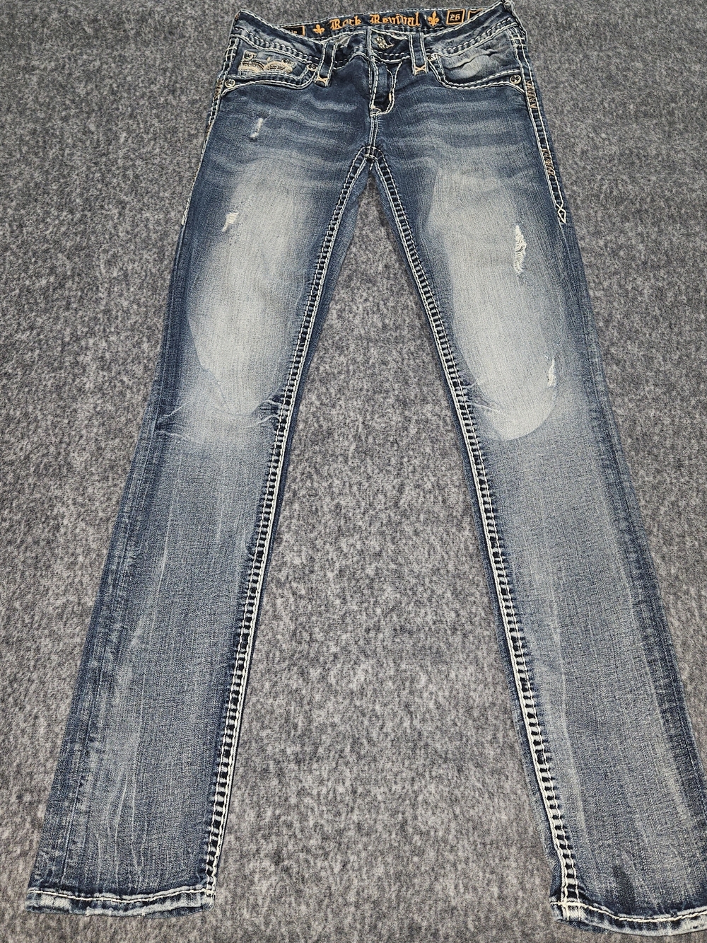 Rock Revival Distressed Blue Denim Jeans with Orange Logo Waistband